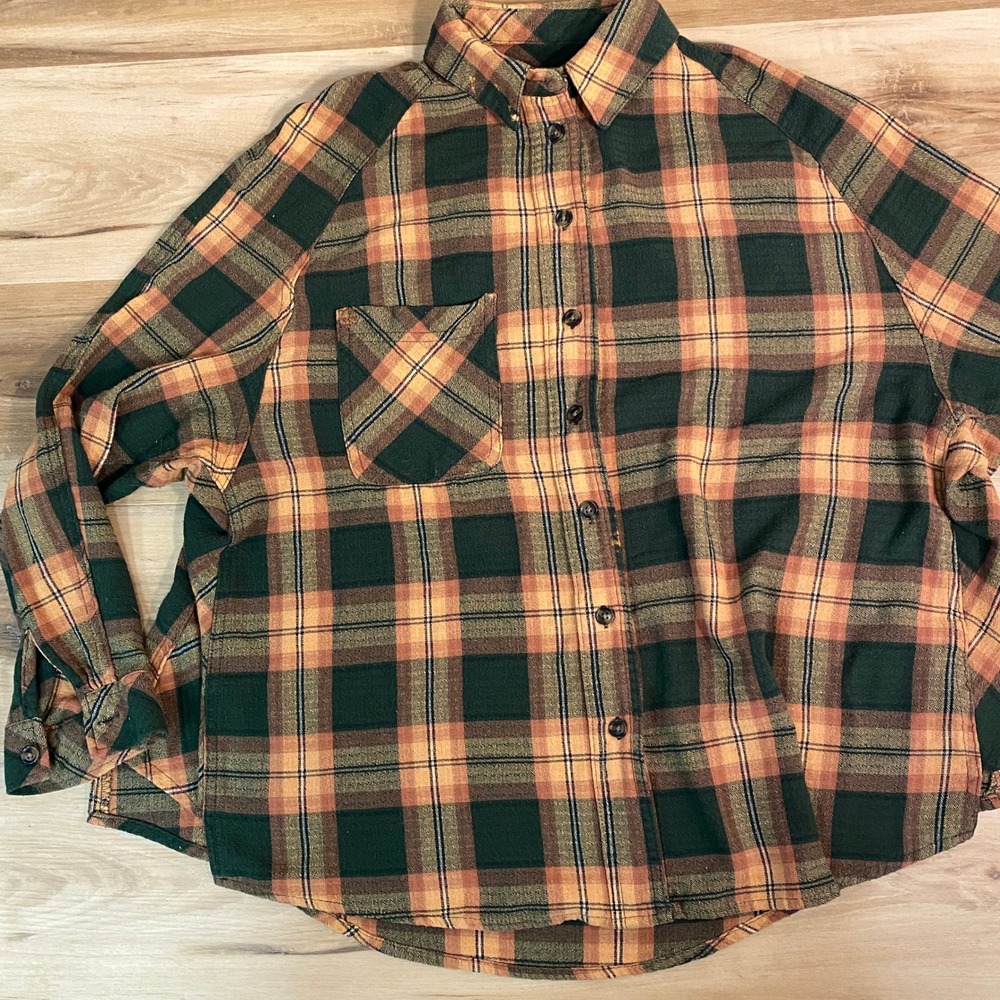BDG Flannel Shirt Womens Small Lightweight Button Up Long Sleeve Green Orange
